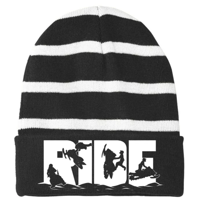 Snowmobile Ride Snowmobiling Winter Sport Gift Striped Beanie with Solid Band