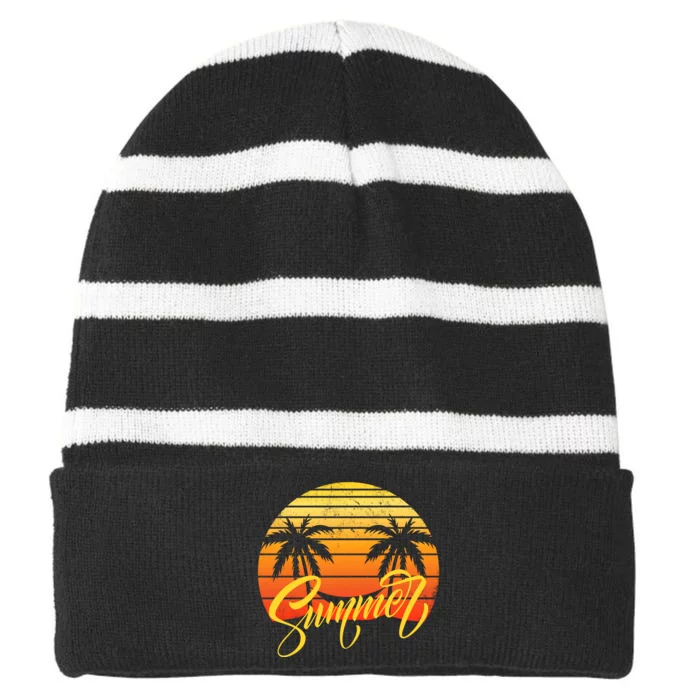 Summer Retro Sunset Tropical Striped Beanie with Solid Band