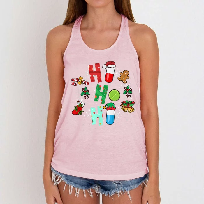 Snow Reindeer Santa Claus Pharmacy Crew Christmas Funny Gift Women's Knotted Racerback Tank