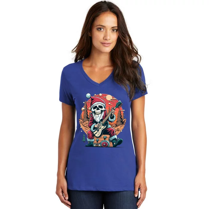 Skeleton Rocker Santa Halloween Vintage Retro Design Gift Women's V-Neck T-Shirt