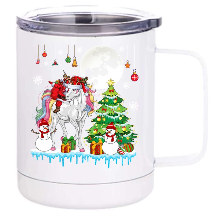 Santa Riding Santa Reindeer Unicorn Xmas Zoo Animal Lover Gift Front & Back 12oz Stainless Steel Tumbler Cup