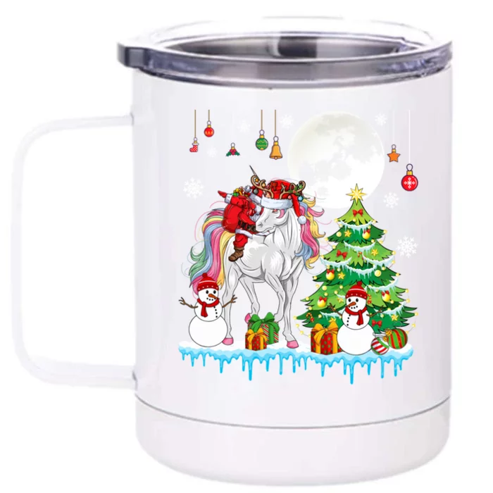 Santa Riding Santa Reindeer Unicorn Xmas Zoo Animal Lover Gift Front & Back 12oz Stainless Steel Tumbler Cup