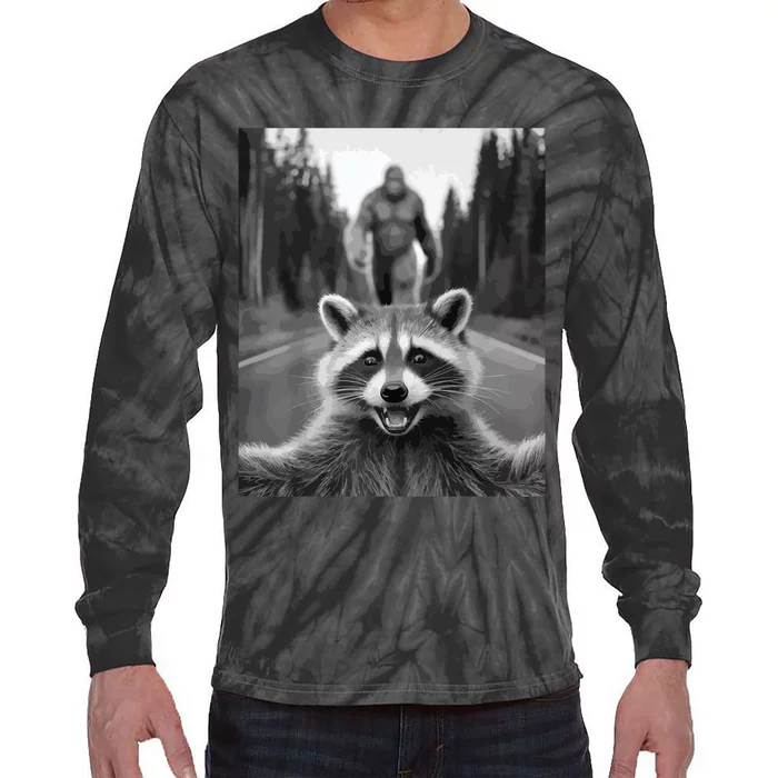 Scared Raccoon Selfie With Sasquatch Bigfoot  Funny Raccoon Tie-Dye Long Sleeve Shirt