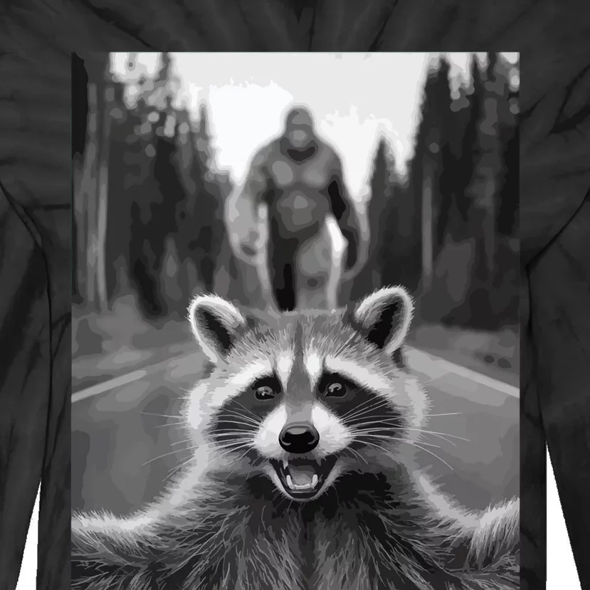 Scared Raccoon Selfie With Sasquatch Bigfoot  Funny Raccoon Tie-Dye Long Sleeve Shirt