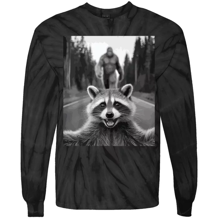 Scared Raccoon Selfie With Sasquatch Bigfoot  Funny Raccoon Tie-Dye Long Sleeve Shirt