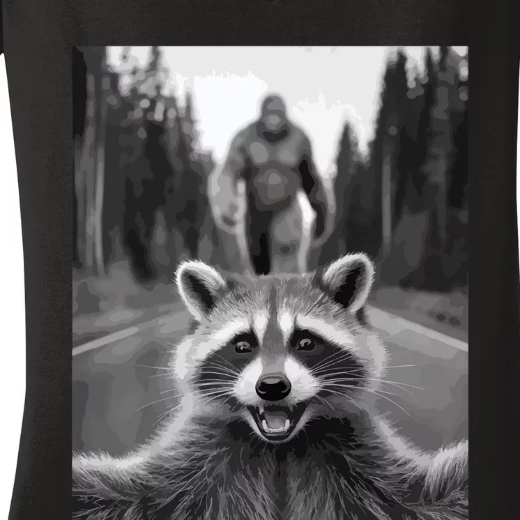 Scared Raccoon Selfie With Sasquatch Bigfoot  Funny Raccoon Women's V-Neck T-Shirt