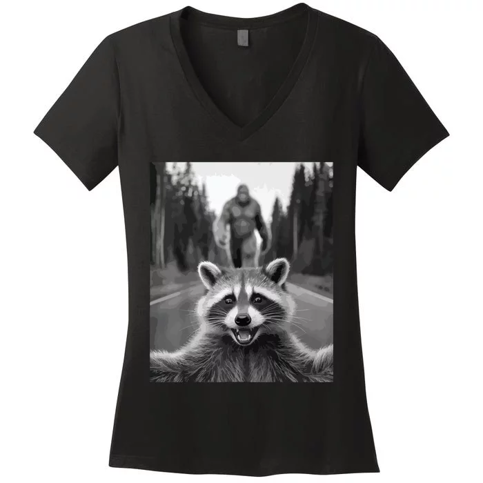 Scared Raccoon Selfie With Sasquatch Bigfoot  Funny Raccoon Women's V-Neck T-Shirt