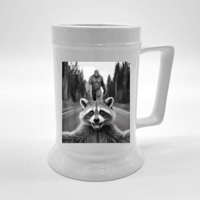 Scared Raccoon Selfie With Sasquatch Bigfoot  Funny Raccoon Front & Back Beer Stein