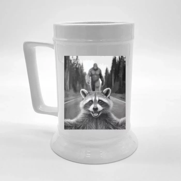 Scared Raccoon Selfie With Sasquatch Bigfoot  Funny Raccoon Front & Back Beer Stein