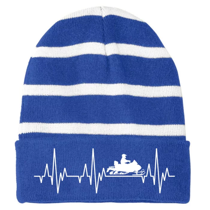 Snowmobile Rider Snowmobiling Winter Sports Snow Heartbeat Gift Striped Beanie with Solid Band