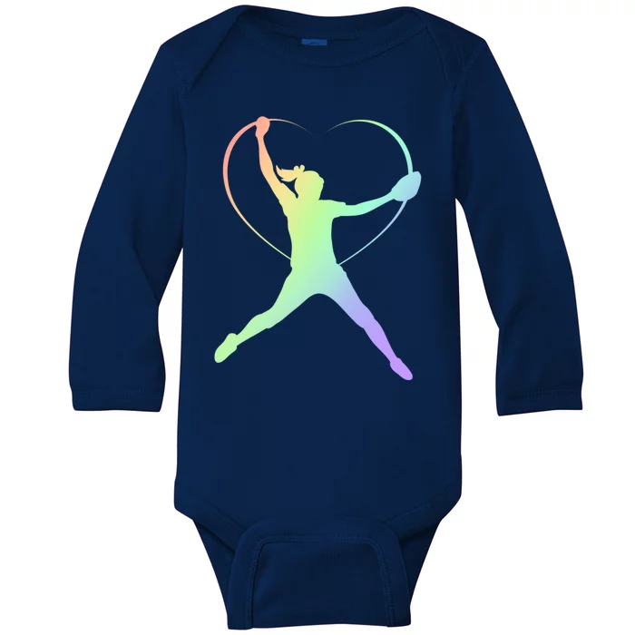 Soft Rainbow Softball Gift Idea For Teen Pitcher Coach Cool Gift Baby Long Sleeve Bodysuit