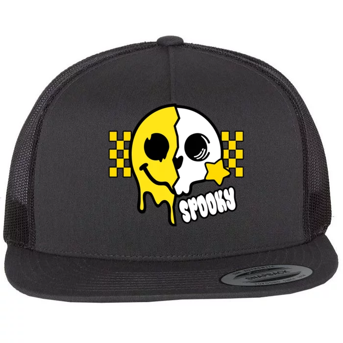 Spooky Retro Smile Skeleton Halloween Flat Bill Trucker Hat