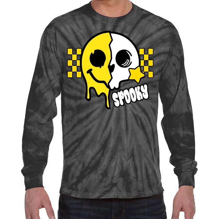 Spooky Retro Smile Skeleton Halloween Tie-Dye Long Sleeve Shirt