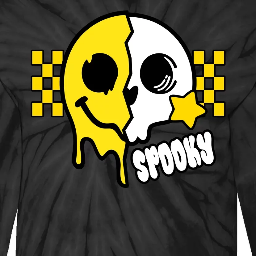 Spooky Retro Smile Skeleton Halloween Tie-Dye Long Sleeve Shirt