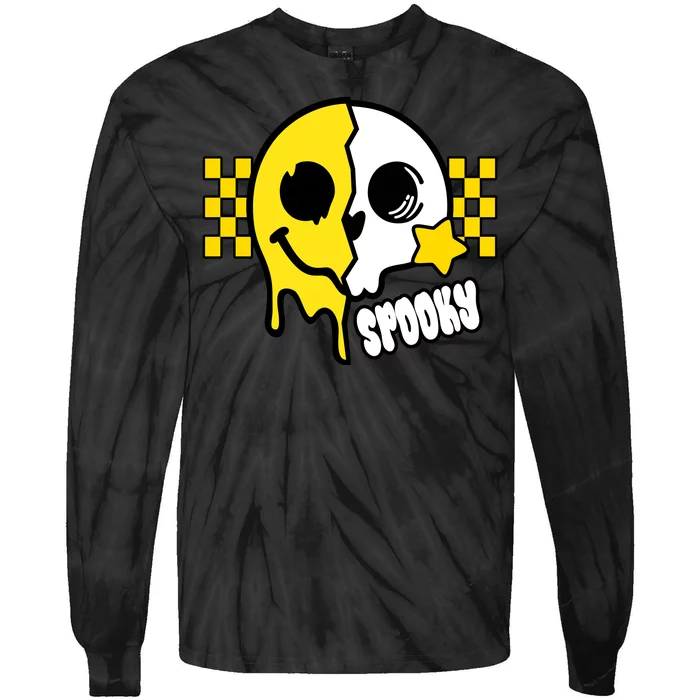 Spooky Retro Smile Skeleton Halloween Tie-Dye Long Sleeve Shirt