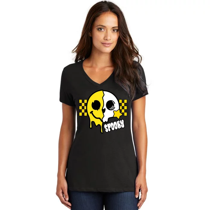 Spooky Retro Smile Skeleton Halloween Women's V-Neck T-Shirt