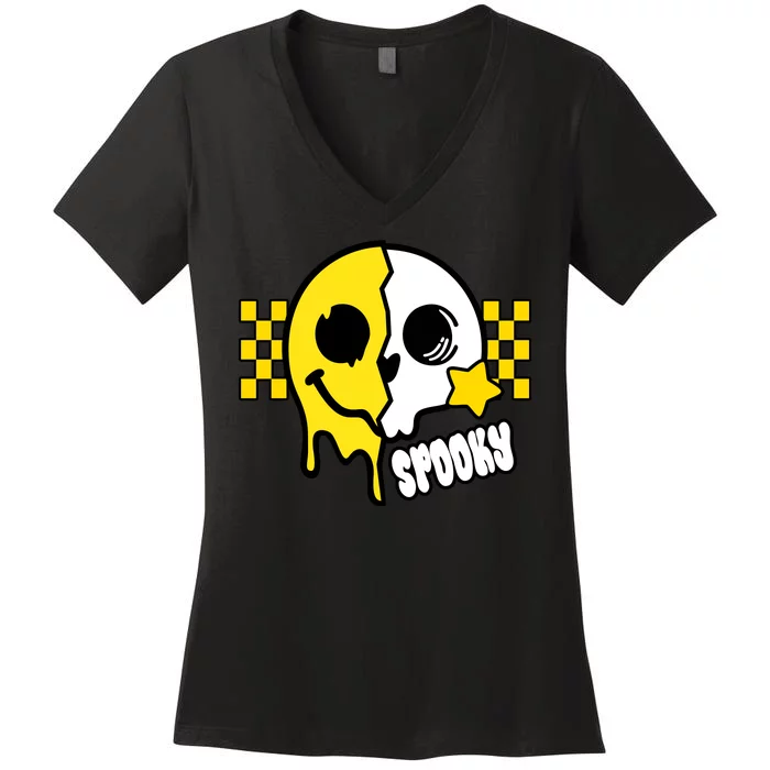 Spooky Retro Smile Skeleton Halloween Women's V-Neck T-Shirt