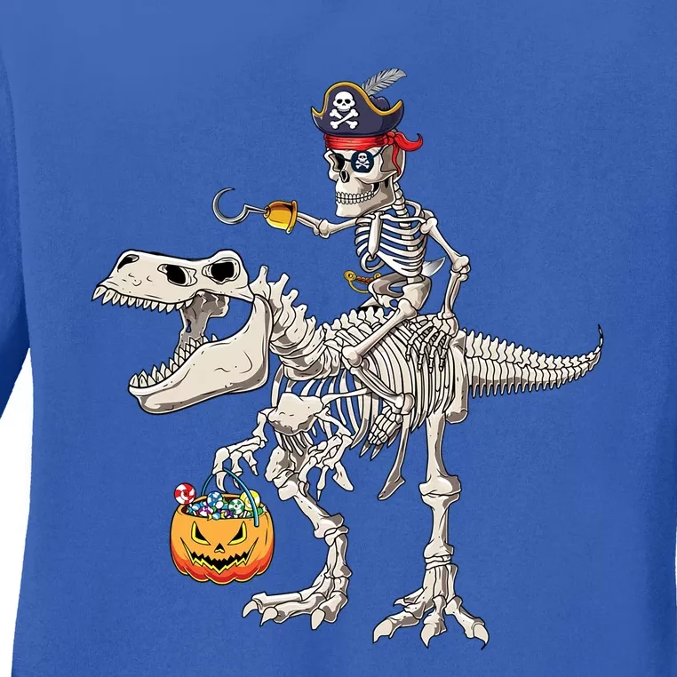 Skeleton Riding T Rex Dinosaur Cute Halloween Costume Gift Ladies Long Sleeve Shirt