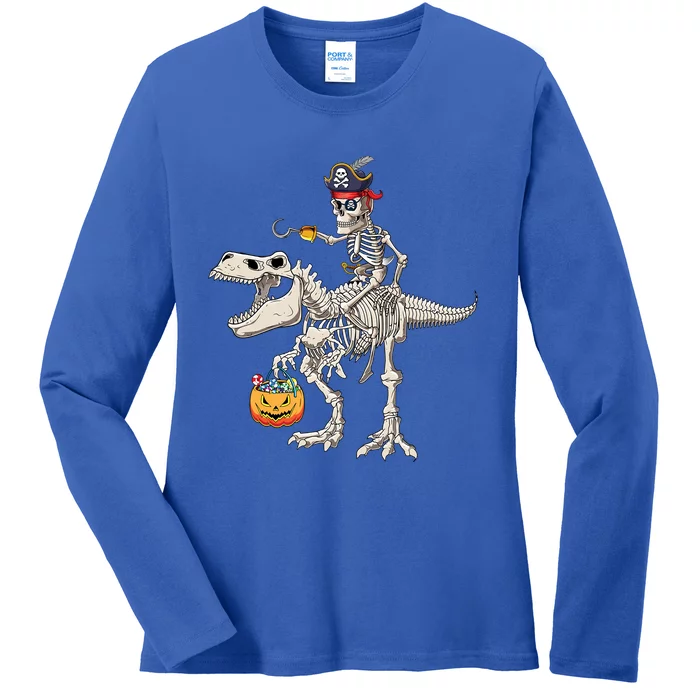 Skeleton Riding T Rex Dinosaur Cute Halloween Costume Gift Ladies Long Sleeve Shirt