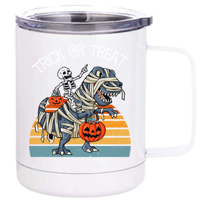 Skeleton Riding TRex Trick Or Treat Love Dinosaurs Gift Front & Back 12oz Stainless Steel Tumbler Cup