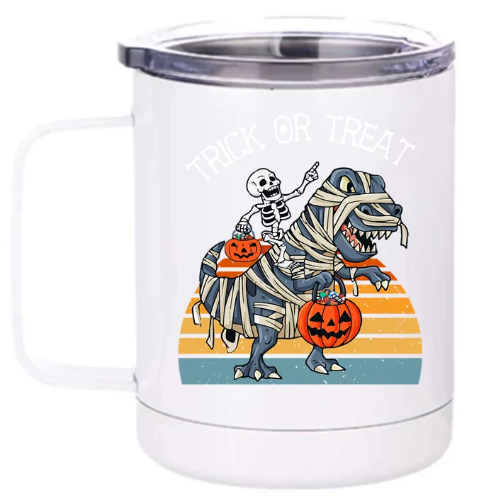 Skeleton Riding TRex Trick Or Treat Love Dinosaurs Gift Front & Back 12oz Stainless Steel Tumbler Cup