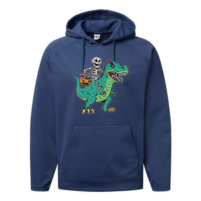 Skeleton Riding TRex Funny Halloween Gift Performance Fleece Hoodie