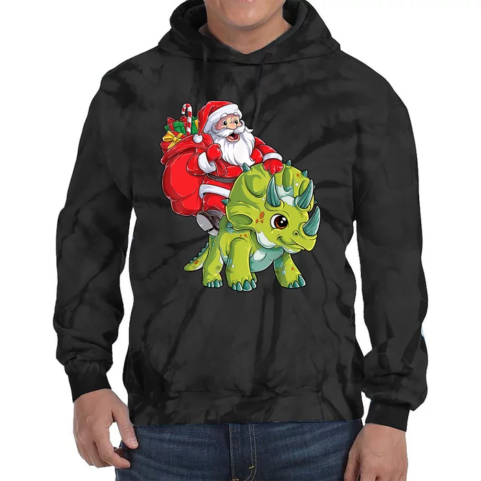 Santa Riding Triceratops Dinosaur Christmas Boys Xmas Squad Tie Dye Hoodie