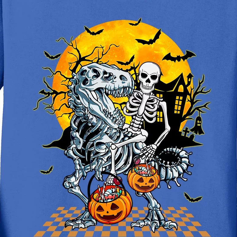 Skeleton Riding Trex Dino Halloween Gift Kids Long Sleeve Shirt