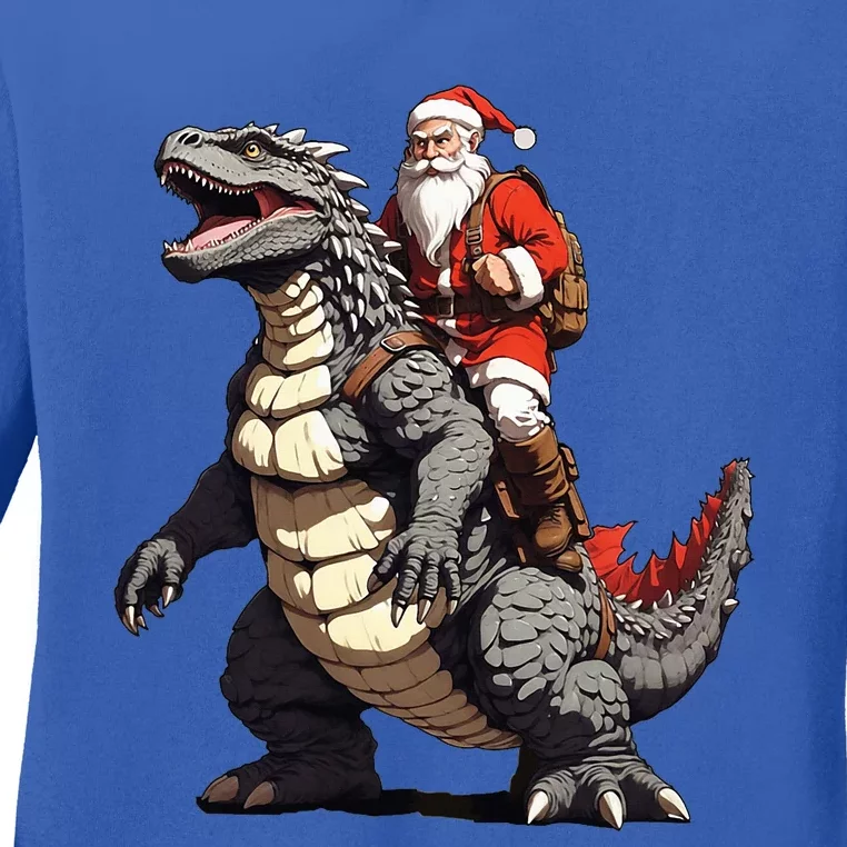 Santa Riding The Japanese Monster Kaiju for Christmas Ladies Long Sleeve Shirt