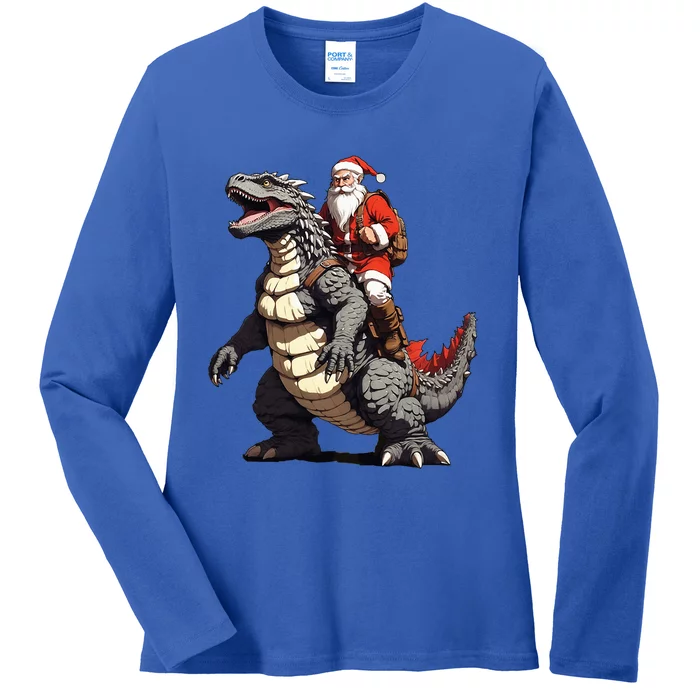 Santa Riding The Japanese Monster Kaiju for Christmas Ladies Long Sleeve Shirt