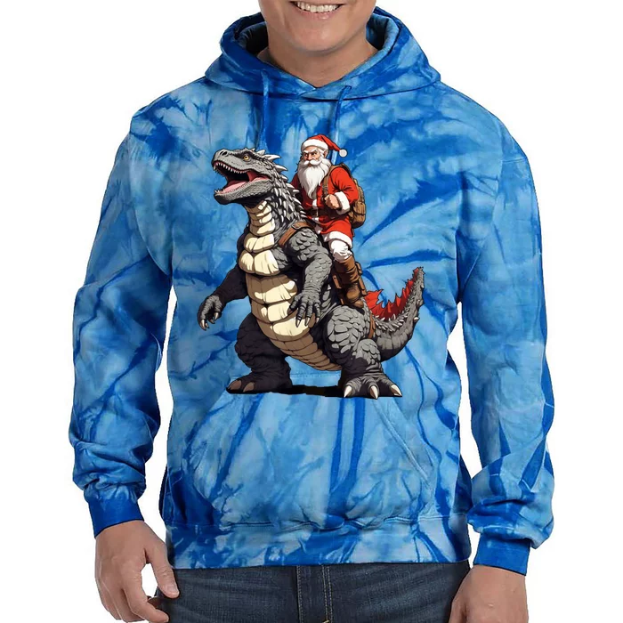 Santa Riding The Japanese Monster Kaiju For Christmas Tie Dye Hoodie