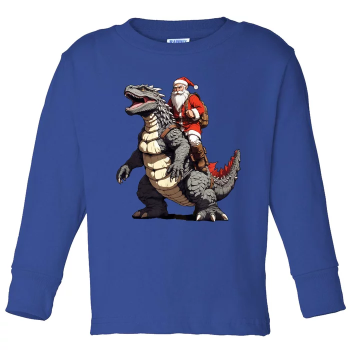 Santa Riding The Japanese Monster Kaiju For Christmas Toddler Long Sleeve Shirt