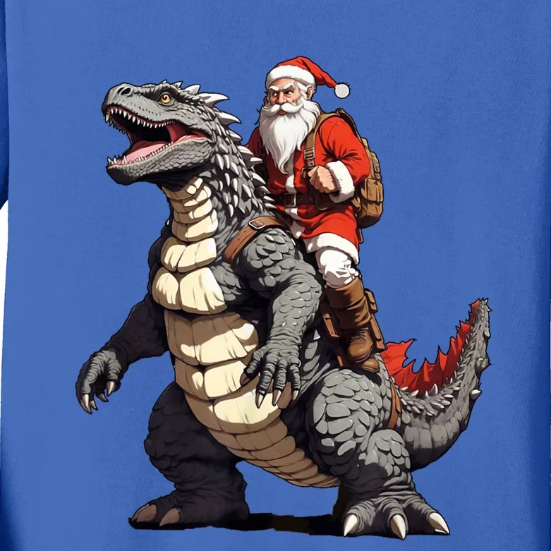 Santa Riding The Japanese Monster Kaiju For Christmas Kids Long Sleeve Shirt