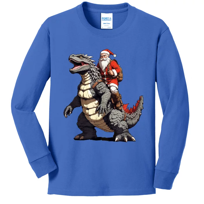 Santa Riding The Japanese Monster Kaiju For Christmas Kids Long Sleeve Shirt