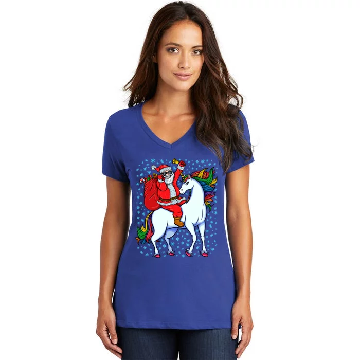 Santa Riding Unicorn Christmas Party Xmas Gift Funny Gift Women's V-Neck T-Shirt