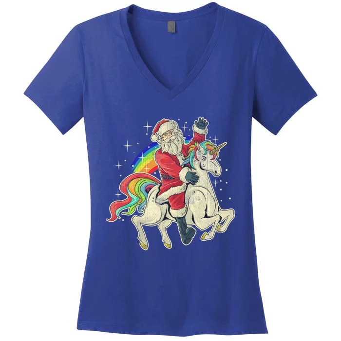 Santa Riding Unicorn Funny Christmas Cool Gift Women's V-Neck T-Shirt