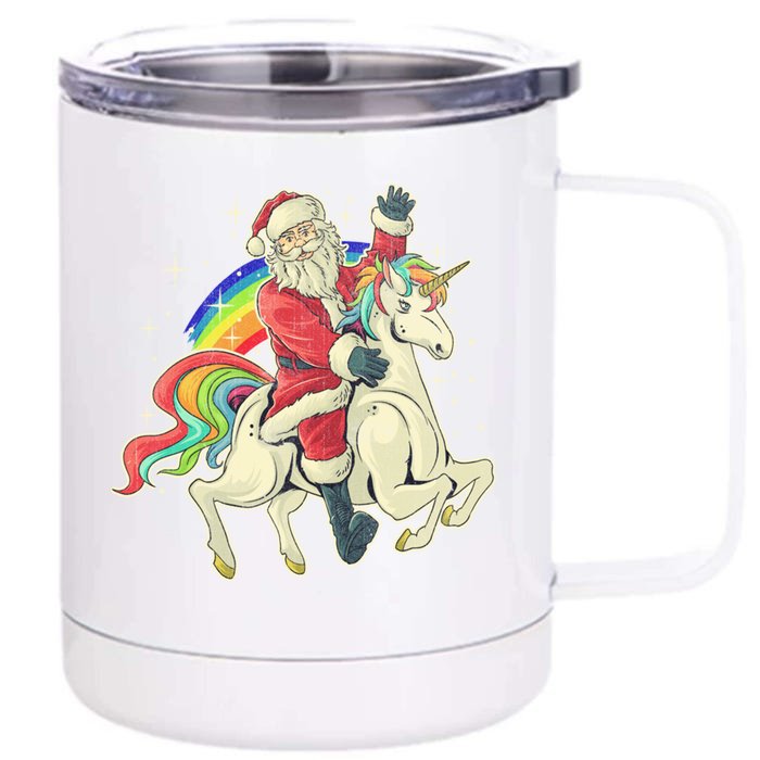 Santa Riding Unicorn Funny Christmas Cool Gift Front & Back 12oz Stainless Steel Tumbler Cup