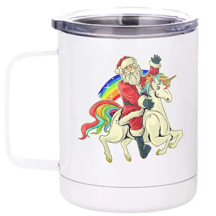 Santa Riding Unicorn Funny Christmas Cool Gift Front & Back 12oz Stainless Steel Tumbler Cup