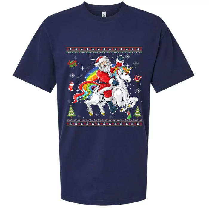 Santa Riding Unicorn Merry Christmas Xmas Sweater Ugly Cute Gift Sueded Cloud Jersey T-Shirt