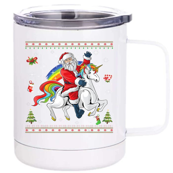 Santa Riding Unicorn Merry Christmas Xmas Sweater Ugly Cute Gift Front & Back 12oz Stainless Steel Tumbler Cup