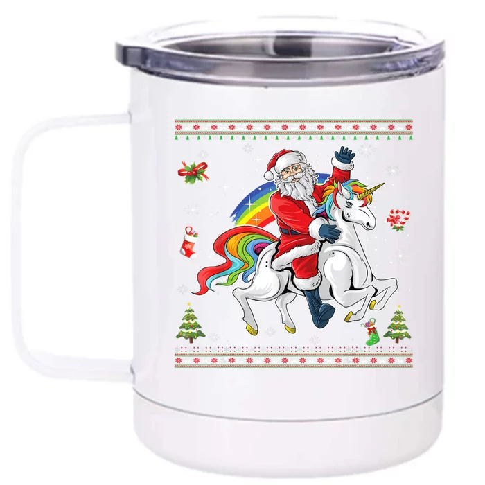 Santa Riding Unicorn Merry Christmas Xmas Sweater Ugly Cute Gift Front & Back 12oz Stainless Steel Tumbler Cup