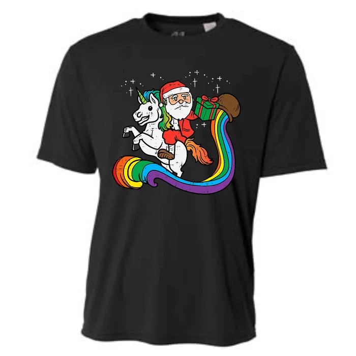 Santa Riding Unicorn Xmas Christmas Colorful Rainbow Xmas Holiday Cooling Performance Crew T-Shirt