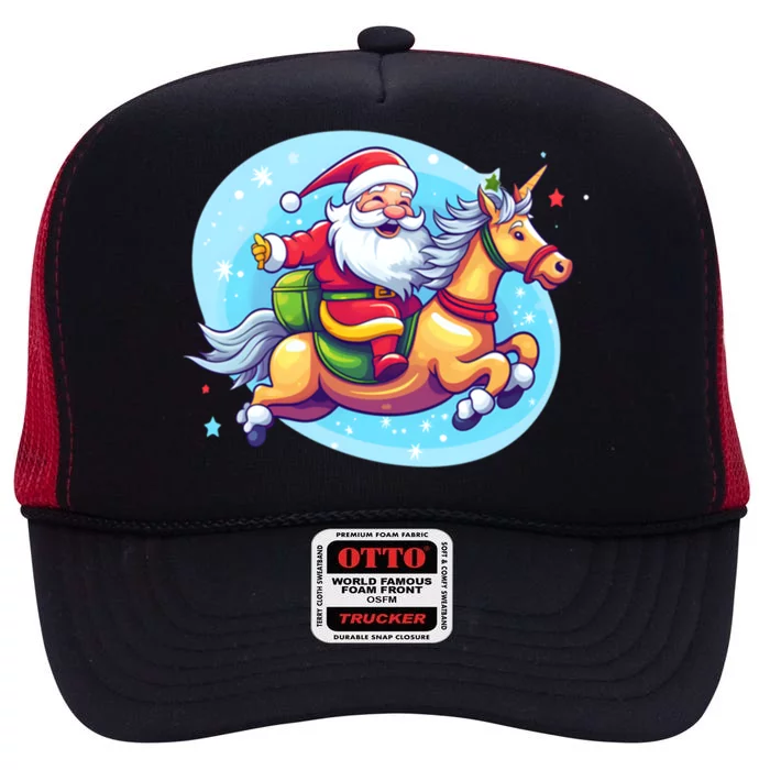 Santa Riding Unicorn Design Christmas Unicorn Great Gift High Crown Mesh Trucker Hat