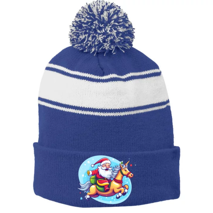 Santa Riding Unicorn Design Christmas Unicorn Great Gift Stripe Pom Pom Beanie