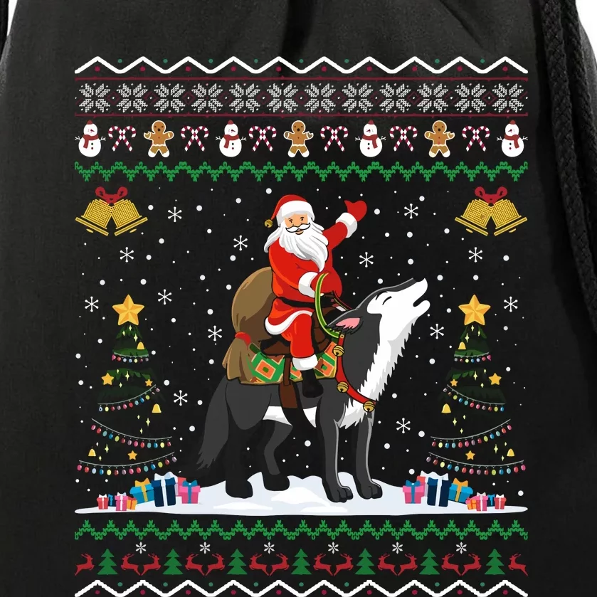 Santa Riding Wolf Christmas Drawstring Bag