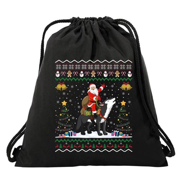 Santa Riding Wolf Christmas Drawstring Bag