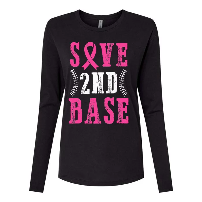 Save Second 2nd Base Funny Baseball Breast Cancer Awareness Womens Cotton Relaxed Long Sleeve T-Shirt