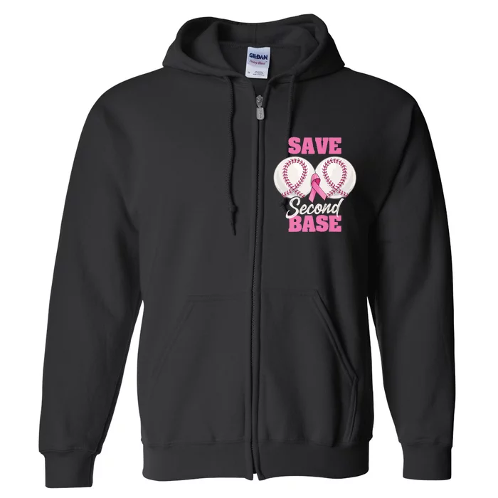 Save Second 2nd Base Funny Baseball Breast Cancer Awareness Premium Full Zip Hoodie