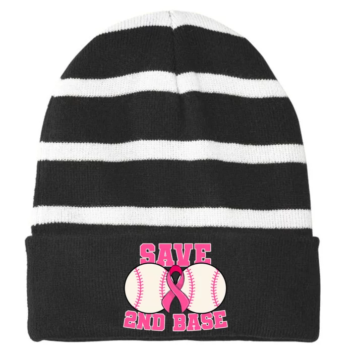 Save Second 2nd Base Breast Cancer Survivor Funny Baseball Striped Beanie with Solid Band