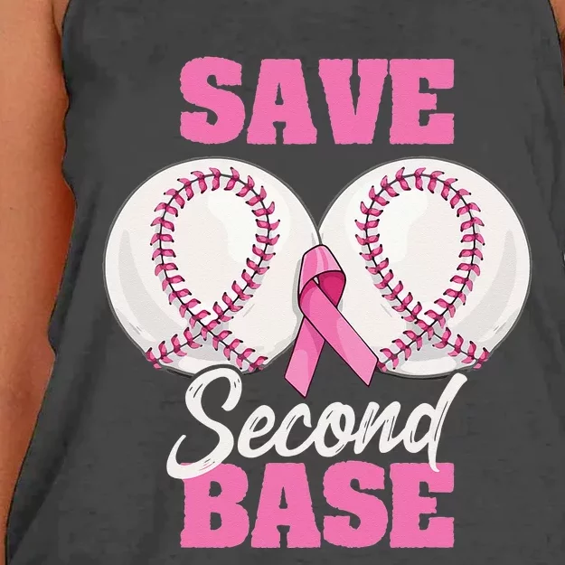 Save Second 2nd Base Funny Baseball Breast Cancer Awareness Women's Knotted Racerback Tank